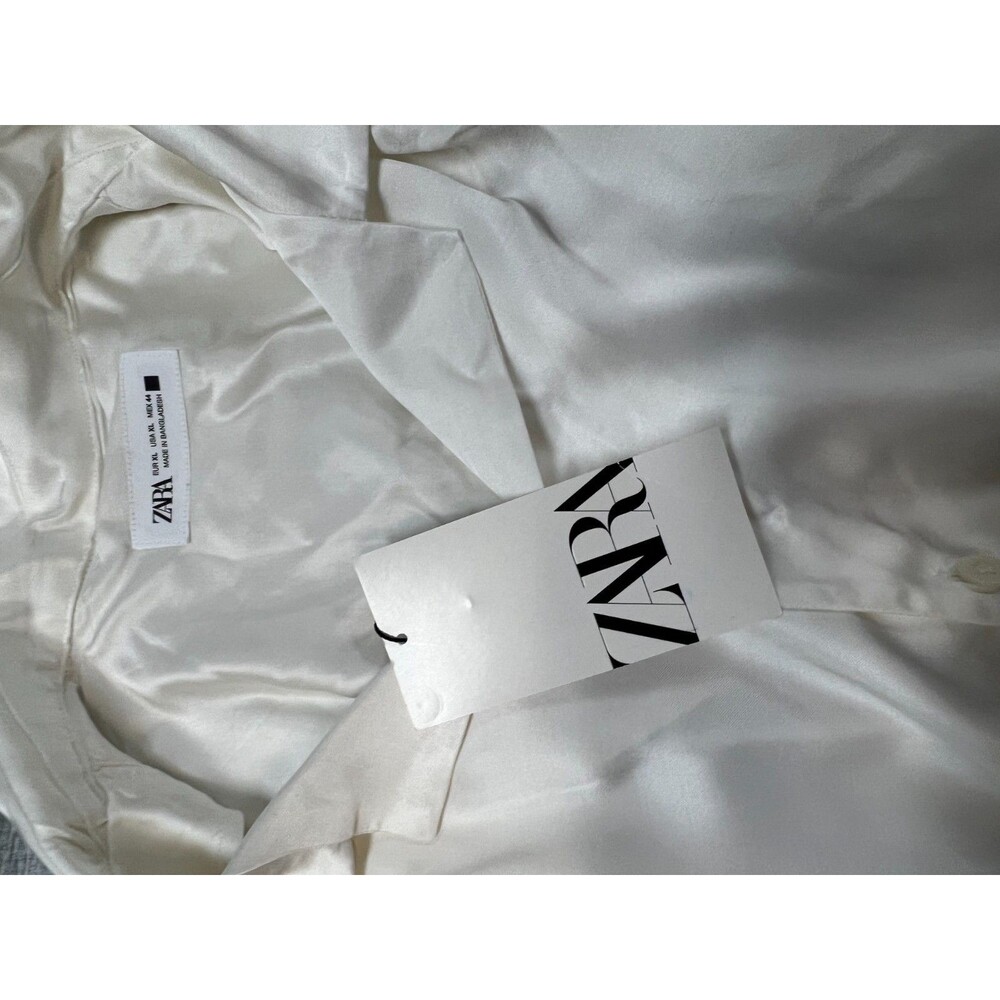 ZARA Men’s Button Up Shirt White Satin Short Sleeve Casual Dress NWT Size XL - Picture 8 of 10